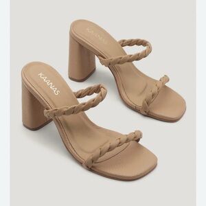 Kaanas Tan Block Heel Sandals with Braided Straps